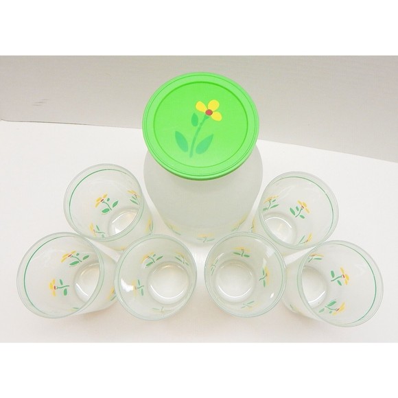 Libbey of Canada Frosted Beverage Carafe 6 Glasses Yellow Flower Telaflora 1985 - Picture 12 of 12
